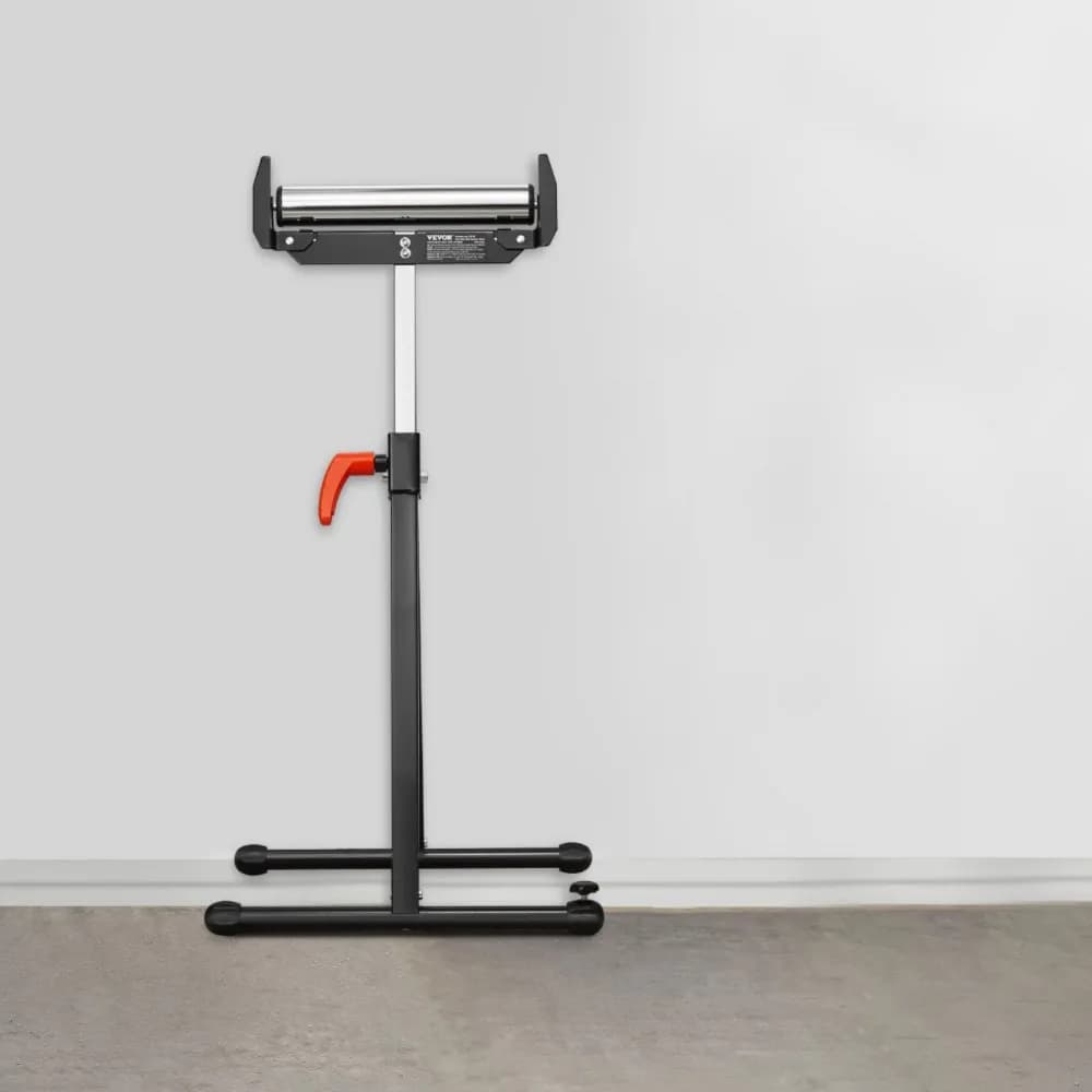 Görgős állvány, 113 kg-os (250 font) teherbírás, 69-109 cm-es (27 hüvelyk-43 hüvelyk) állítható magasságú, összecsukható, nagy teherbírású, élvezetőkkel és 29 cm-es (11,5 hüvelykes) polírozott acél görgőfejjel, asztali körfűrész kiadó famegmunkáló hosszabbító tartóhoz