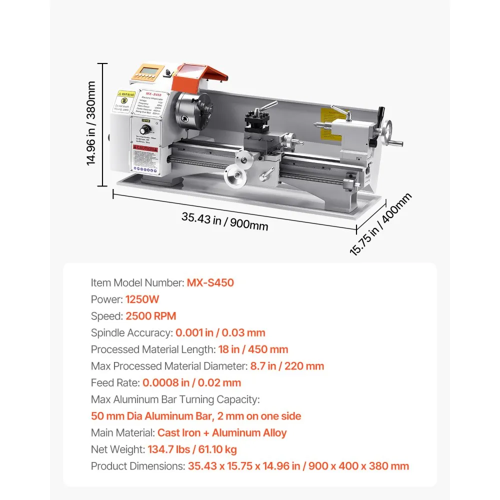 Fémesztergagép, 220 x 450 mm (8,7 x 18 hüvelyk), Precíziós asztali fémeszterga, Automata előtolás, 0-2500 ford./perc változtatható sebesség, 1250 W-os szénkefe nélküli motor, Precíziós alkatrészek, lágyfémek, fa, műanyagok megmunkálásához