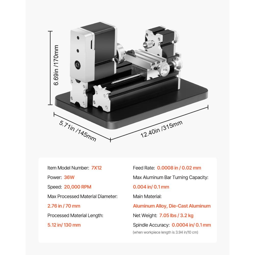 Didaktikai mini fémesztergálás, 70 x 130 mm (2,76 x 5,12 hüvelyk), 36 W teljesítményű fémeszterga, 20 000 fordulat/perc sebesség, 3 pofás tokmánnyal, alumíniumötvözet kézikerékkel, precíziós alkatrészek, lágyfémek, fa, műanyagok megmunkálásához