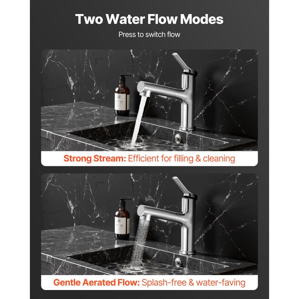Egykaros mosogató csaptelep, egykaros kihúzható csaptelep, 1 vagy 3 lyukú, szálcsiszolt nikkel rozsdamentes acél mosogató csaptelepek nyomógombos kapcsolóval, fürdőszobába, lakókocsiba, nyilvános mosdóba, ólommentes