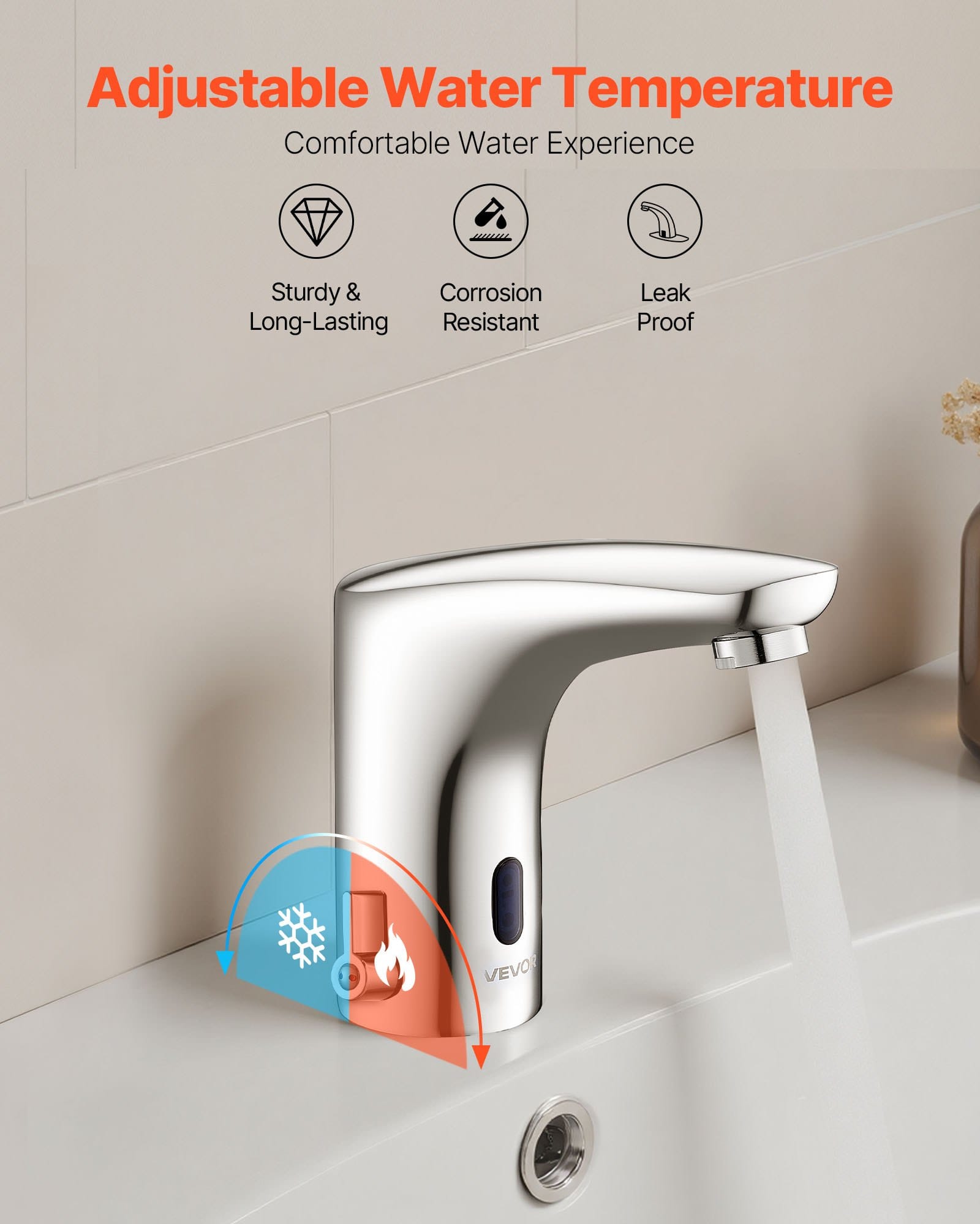 Érintésmentes fürdőszobai mosdócsaptelep, automatikus mozgásérzékelős WC csaptelep, kézhasználat nélküli állítható hideg-meleg egykaros vízkeverő, elemes működésű, 9,5 mm-es csőhöz, krómozott ezüst