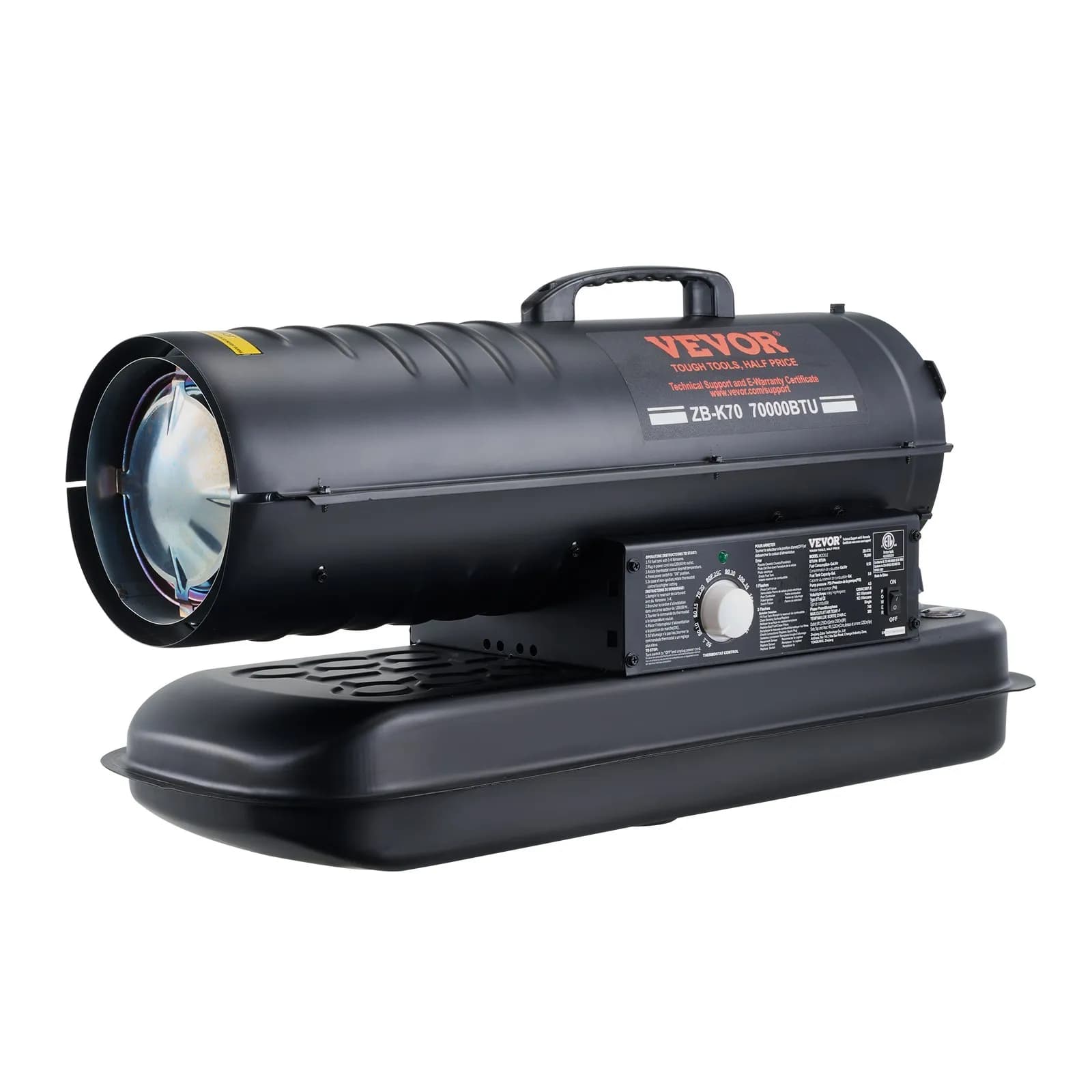 Kerozin/dízel kényszerlevegős fűtőberendezés, 70000 Btu-s Torpedo térfűtő, hordozható termosztátvezérléssel, 19 literes tartályos hatékony beltéri/kültéri kerozinfűtő otthonra, munkahelyekre, ipari, műhelyekbe, fekete