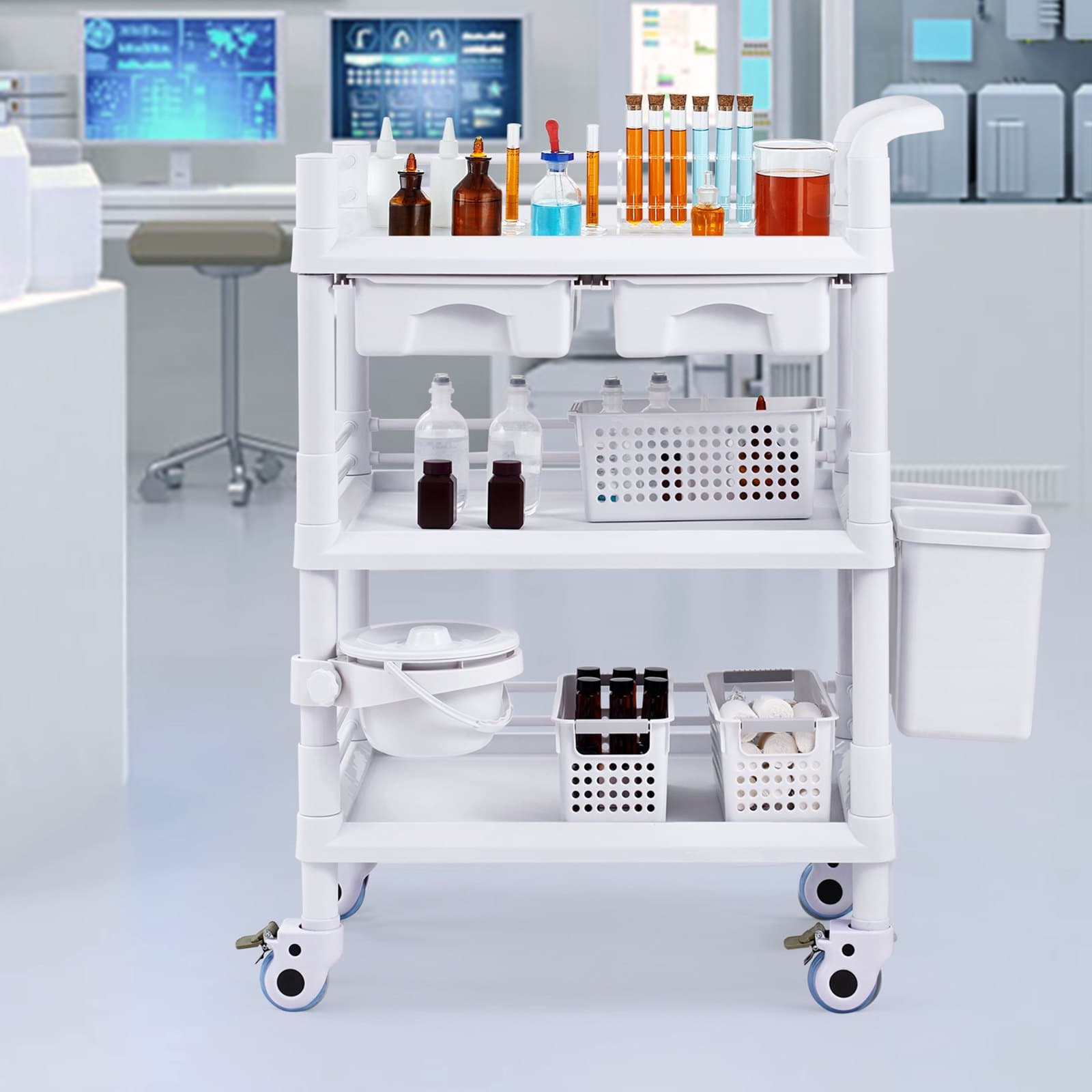 3 szintes laborkocsik, laborkocsi 3 tálcával és 4 csendes kerékkel, mobil orvosi kocsi PP anyagból, laborguruló kocsi 3 szemeteskukával laborba, klinikára, kórházba, szalonba, fehér