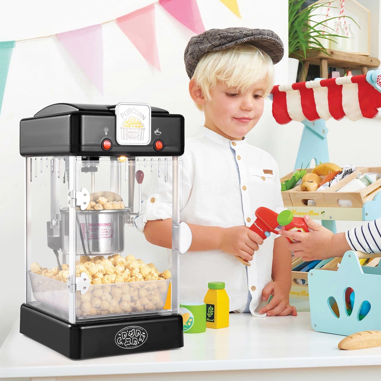 Pattogatott kukorica készítő, 300 W-os pattogatott kukorica pattogatott gép, 2,5 unciás vízforraló, adagonként 4 qt-t készít, asztali pattogatott kukorica készítő PP ajtóval, 2 gombóccal és tálcával, mozi stílusú, fekete