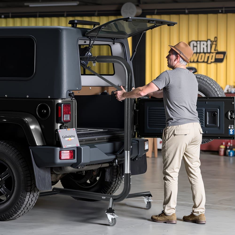 Keménytető-leszedő emelő, 90 kg, Jeep keménytető-eltávolító és -tároló rendszer, egyszerű, egyszemélyes kezelés, kompatibilis a Jeep Wrangler 2- és 4-ajtós YJ, TJ, JK, JL és 4XE, valamint a Ford Bronco 4- és 6-os generációs+ modelljeivel.