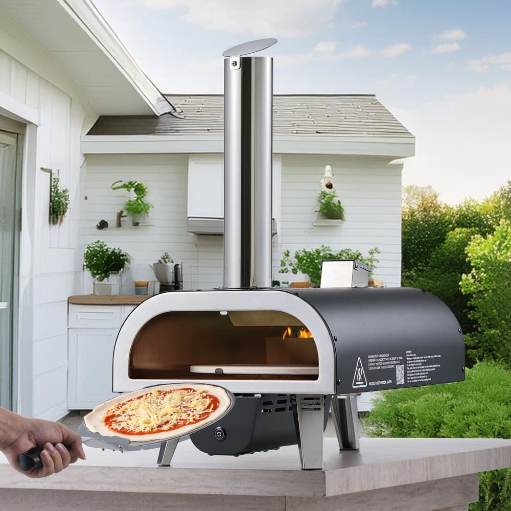 Kültéri pizzakemencé, 12 hüvelykes fatüzelésű pizzakemencék, pellet pizzakemence hőmérővel és elektromos forgatással, hordozható pizzasütő kültéri, hátsó udvari kempingezéshez, pizzasütő kő, hordtáska, lapát
