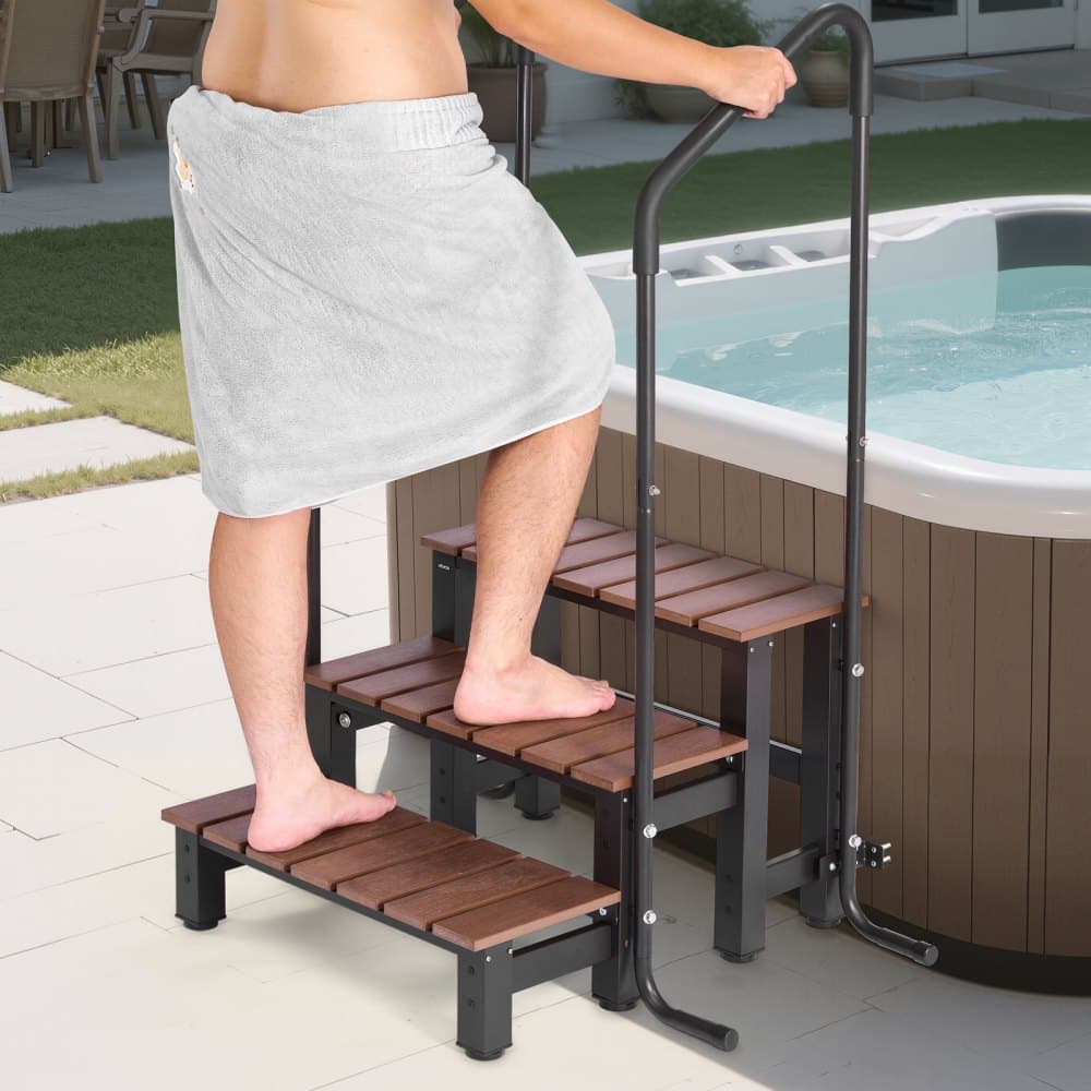 Jakuzzi lépcső korláttal, 3 lépcsős kültéri medencelépcső, strapabíró, 640,1 mm széles, föld feletti/felfújható medencelétra 249,5 kg teherbírással, többcélú használatra verandán, teraszon, fedélzeten, lakókocsikon