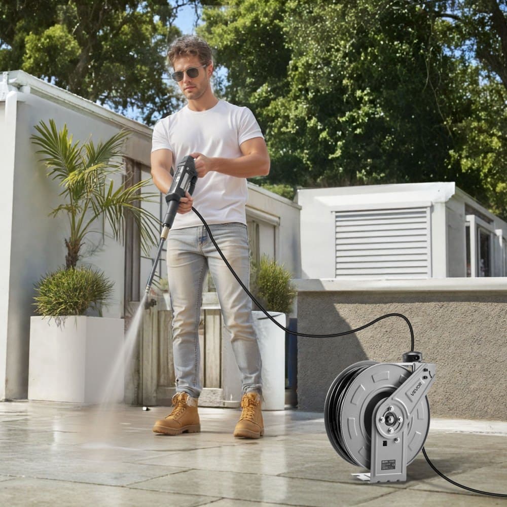 Magasnyomású mosó tömlődob, 19,8 m x 6,4 mm, behúzható, nagy teherbírású acél mosó tömlődob, max. 3200 PSI, automatikus visszatekercselés, rugalmas falra/padlóra szerelhető, autómosáshoz, kerthez, padlótisztításhoz