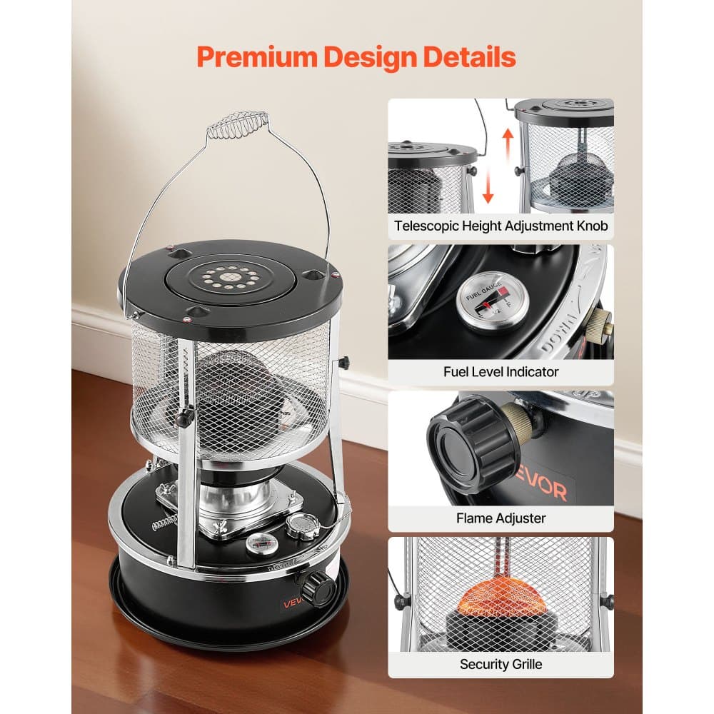 9000 BTU hordozható kerozinfűtő és tűzhely, 2 az 1-ben nem elektromos beltéri kültéri fűtőberendezés állítható magassággal és lánggal és egyszerű tárolással, kempingezéshez, vadászathoz, főzéshez, otthonra, garázsba, fekete